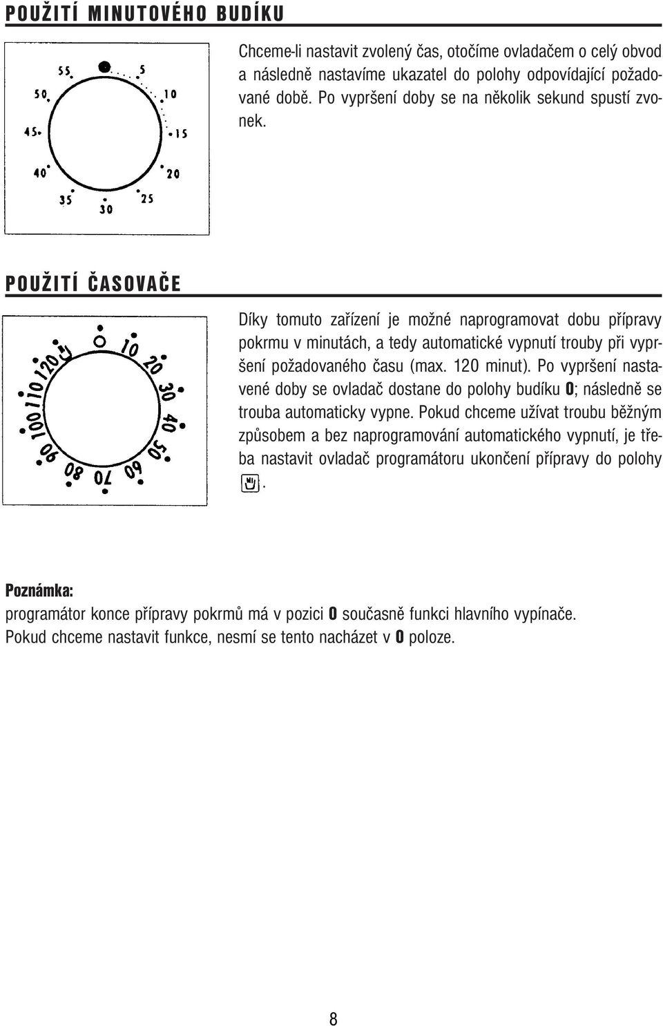 POUŽITÍ ČASOVAČE Díky tomuto zařízení je možné naprogramovat dobu přípravy pokrmu v minutách, a tedy automatické vypnutí trouby při vypršení požadovaného času (max. 120 minut).