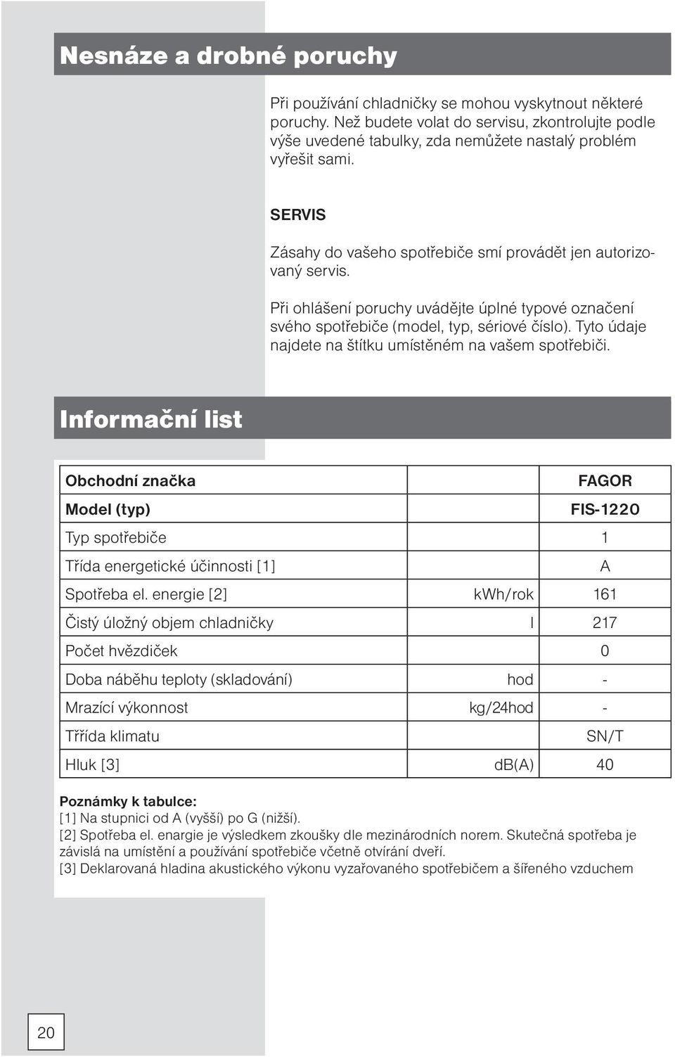 Tyto údaje najdete na štítku umístěném na vašem spotřebiči. Informační list Obchodní značka FAGOR Model (typ) FIS-1220 Typ spotřebiče 1 Třída energetické účinnosti [1] A Spotřeba el.