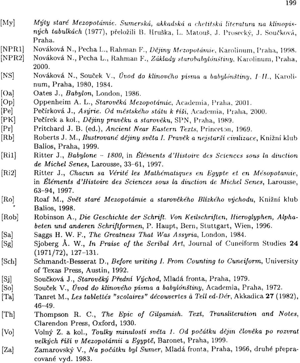 , Úvod do klínového písma a babylónštiny, I-11., Karolinum, Praha, 1980, 1984. [Oa] Oates J., Babylon, London, 1986. [Op] Oppenheim A. L., Starověká Mezopotámie, Academia, Praha, 2001.