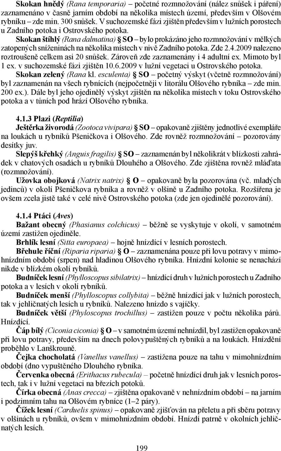 Skokan štíhlý (Rana dalmatina) SO bylo prokázáno jeho rozmnožování v mělkých zatopených sníženinách na několika místech v nivě Zadního potoka. Zde 2.4.2009 nalezeno roztroušeně celkem asi 20 snůšek.