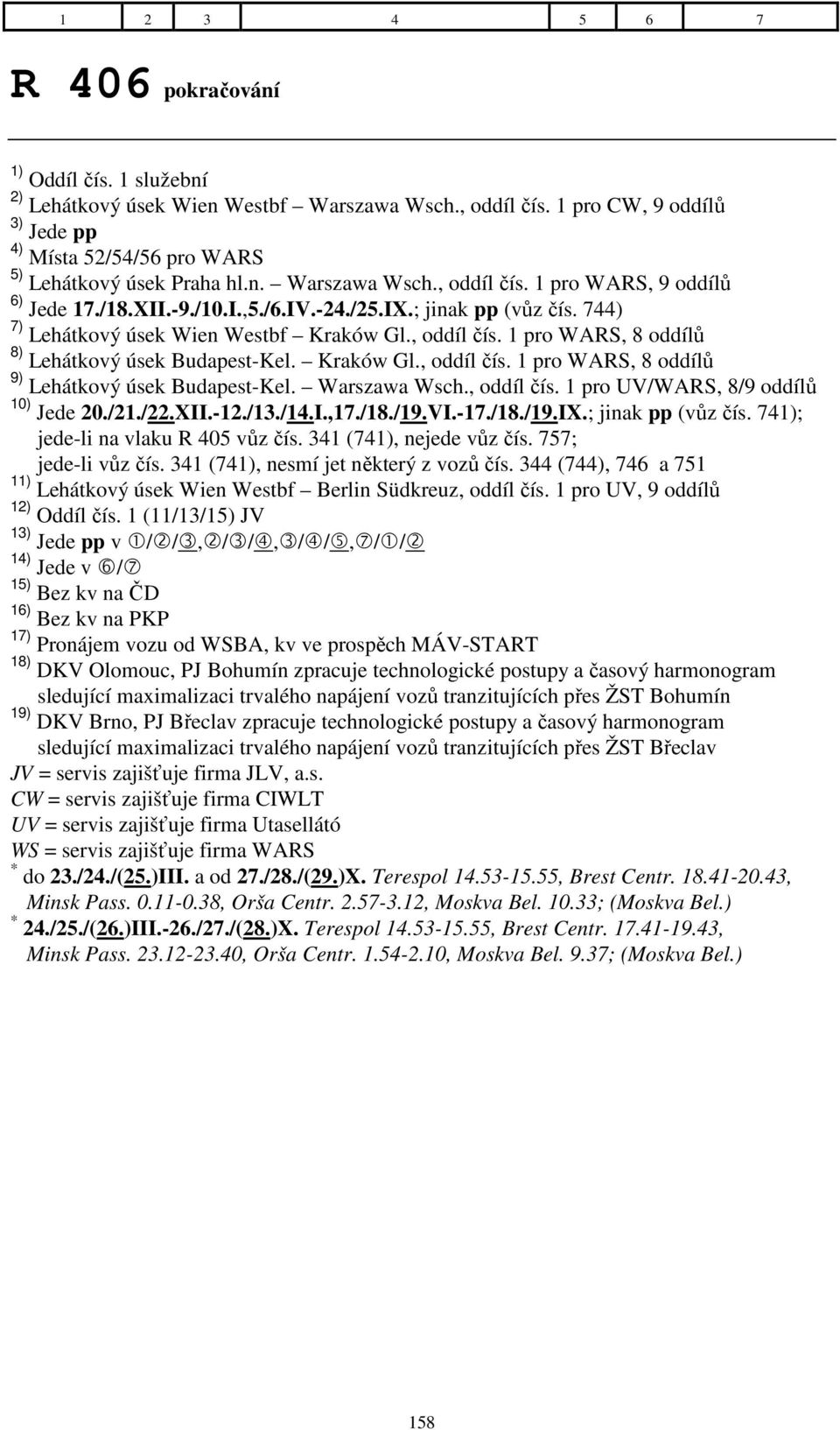 Warszawa Wsch., oddíl čís. 1 pro UV/WARS, 8/9 oddílů 10) Jede 20./21./22.XII.-12./13./14.I.,17./18./19.VI.-17./18./19.IX.; jinak pp (vůz čís. 741); jede-li na vlaku R 405 vůz čís.