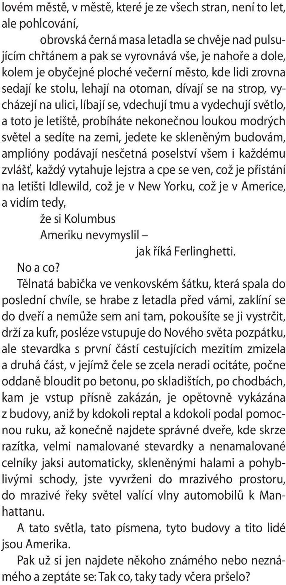 loukou modrých světel a sedíte na zemi, jedete ke skleněným budovám, amplióny podávají nesčetná poselství všem i každému zvlášť, každý vytahuje lejstra a cpe se ven, což je přistání na letišti