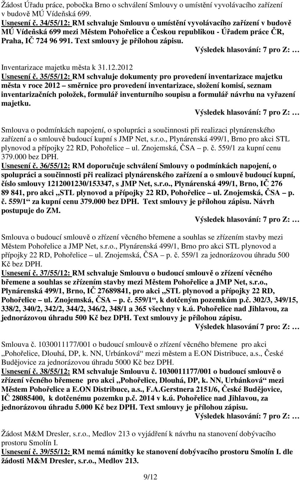 Text smlouvy je přílohou zápisu. Inventarizace majetku města k 31.12.2012 Usnesení č.