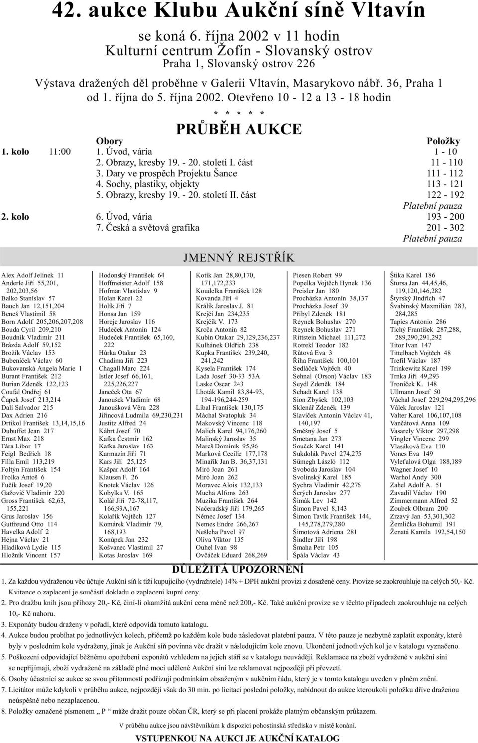 října 2002. Otevřeno 10-12 a 13-18 hodin * * * * * PRŮBĚH AUKCE Obory Položky 1. kolo 11:00 1. Úvod, vária 1-10 2. Obrazy, kresby 19. - 20. století I. část 11-110 3.