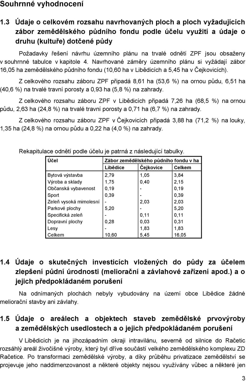 na trvalé odnětí ZPF jsou obsaženy v souhrnné tabulce v kapitole 4.