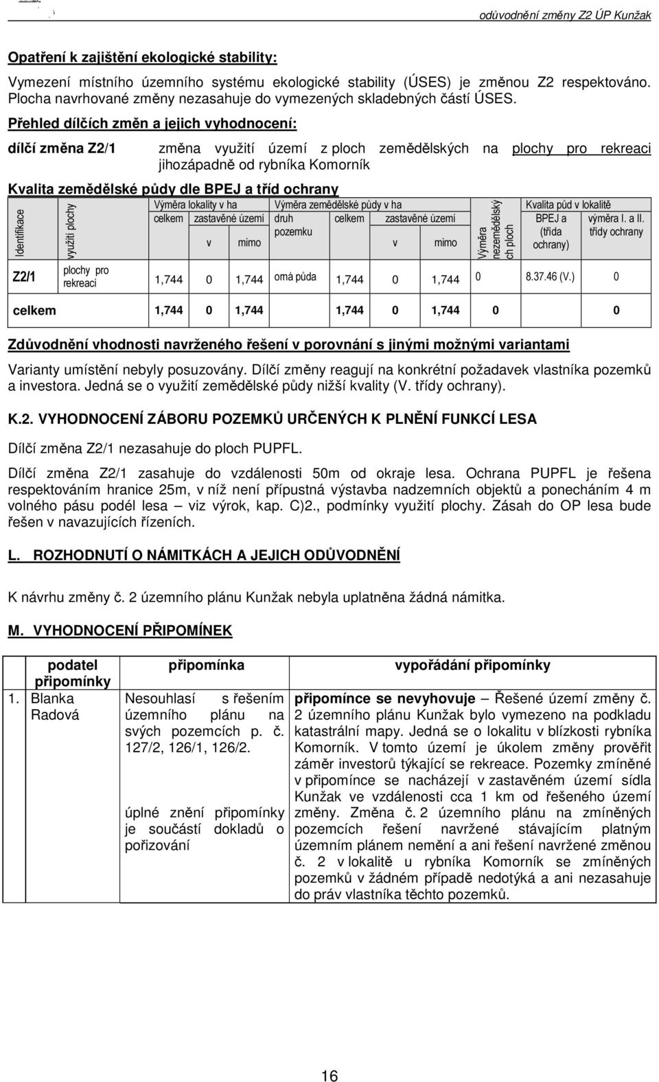 Přehled dílčích změn a jejich vyhodnocení: dílčí změna Z2/1 změna využití území z ploch zemědělských na plochy pro rekreaci jihozápadně od rybníka Komorník Kvalita zemědělské půdy dle BPEJ a tříd