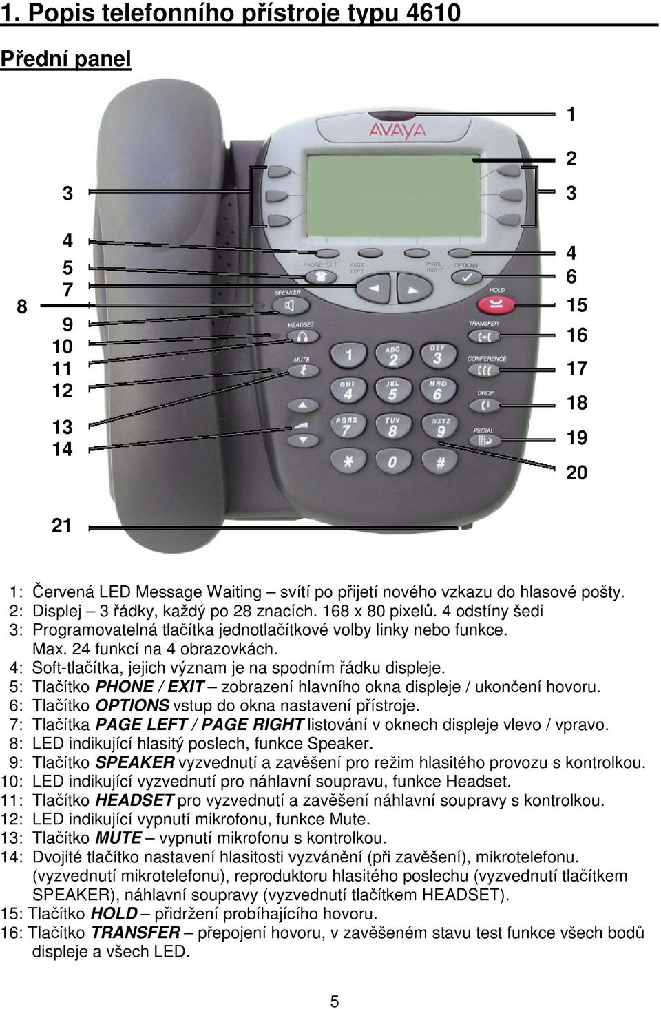 4: Soft-tlaítka, jejich význam je na spodním ádku displeje. 5: Tlaítko PHONE / EXIT zobrazení hlavního okna displeje / ukonení hovoru. 6: Tlaítko OPTIONS vstup do okna nastavení pístroje.