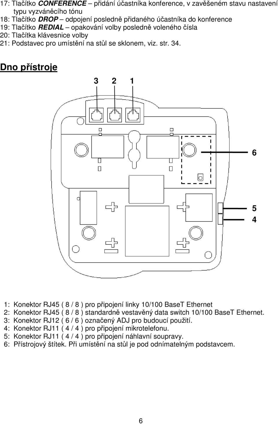 Dno pístroje 3 2 1 6 5 4 1: Konektor RJ45 ( 8 / 8 ) pro pipojení linky 10/100 BaseT Ethernet 2: Konektor RJ45 ( 8 / 8 ) standardn vestavný data switch 10/100 BaseT Ethernet.