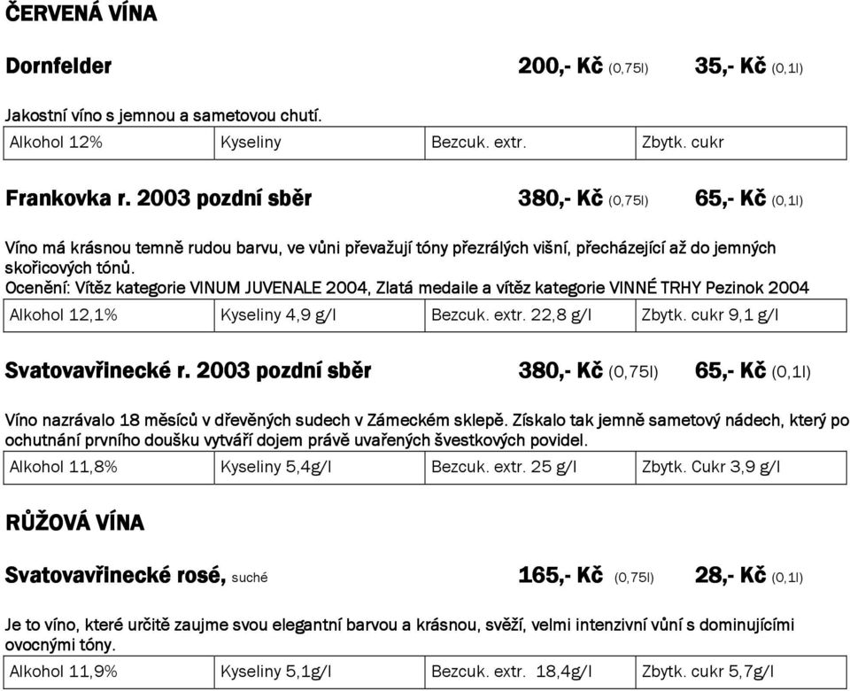 Ocenění: Vítěz kategorie VINUM JUVENALE 2004, Zlatá medaile a vítěz kategorie VINNÉ TRHY Pezinok 2004 Alkohol 12,1% Kyseliny 4,9 g/l Bezcuk. extr. 22,8 g/l Zbytk. cukr 9,1 g/l Svatovavřinecké r.