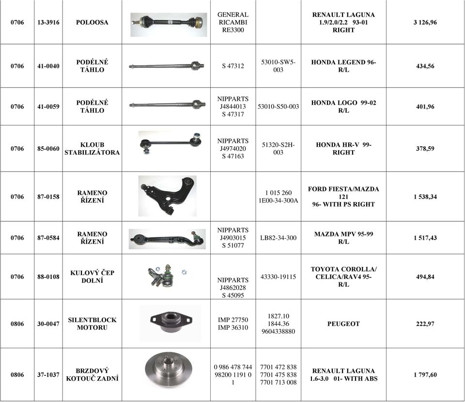 KLOUB STABILIZÁTORA J4974020 S 47163 51320-S2H- 003 HONDA HR-V 99- RIGHT 378,59 0706 87-0158 RAMENO ŘÍZENÍ 1 015 260 1E00-34-300A FORD FIESTA/MAZDA 121 96- WITH PS RIGHT 1 538,34 0706 87-0584 RAMENO