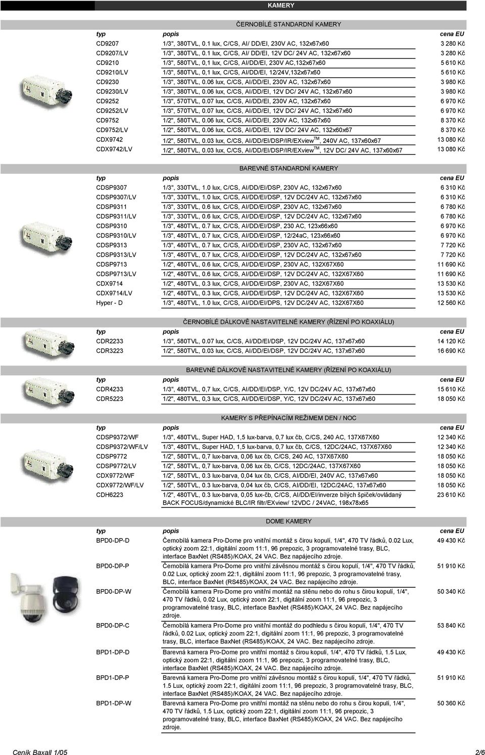 610 Kč CD9230 1/3", 380TVL, 0.06 lux, C/CS, AI/DD/EI, 230V AC, 132x67x60 3 980 Kč CD9230/LV 1/3", 380TVL, 0.06 lux, C/CS, AI/DD/EI, 12V DC/ 24V AC, 132x67x60 3 980 Kč CD9252 1/3", 570TVL, 0.