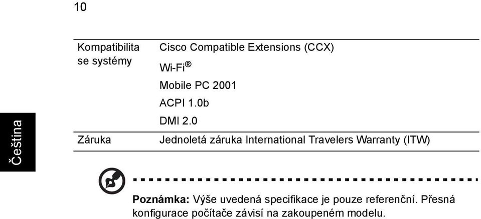 0 Jednoletá záruka International Travelers Warranty (ITW) Poznámka: