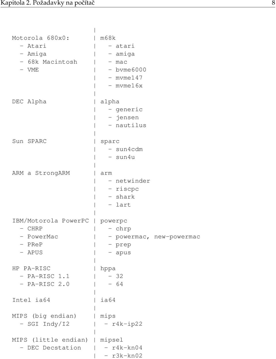 Alpha alpha - generic - jensen - nautilus Sun SPARC sparc - sun4cdm - sun4u ARM a StrongARM arm - netwinder - riscpc - shark - lart