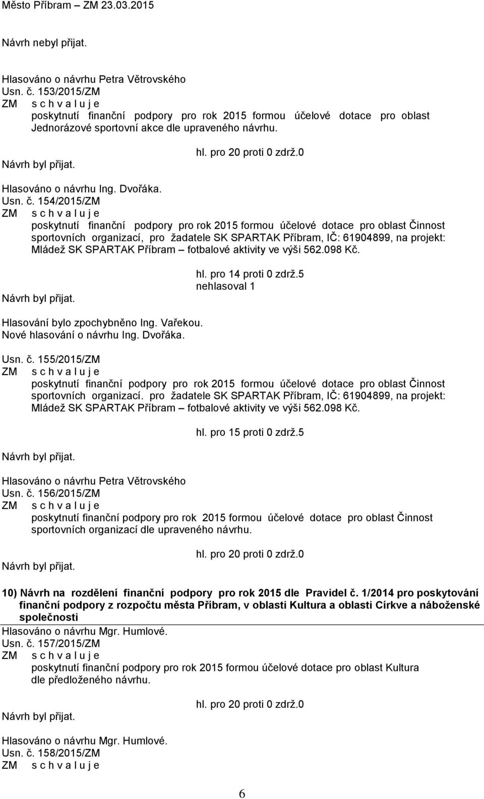 154/2015/ZM poskytnutí finanční podpory pro rok 2015 formou účelové dotace pro oblast Činnost sportovních organizací, pro žadatele SK SPARTAK Příbram, IČ: 61904899, na projekt: Mládež SK SPARTAK