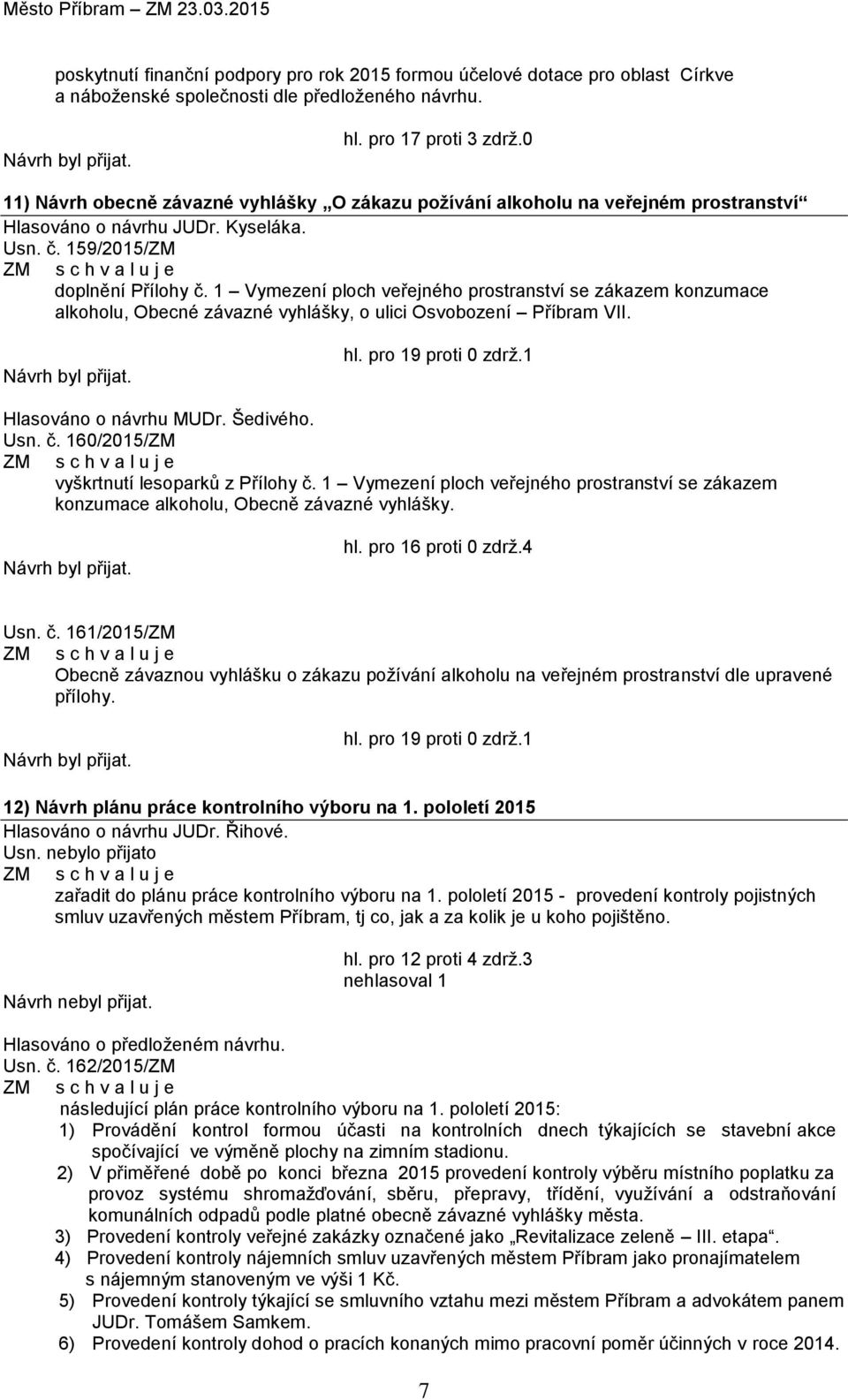 1 Vymezení ploch veřejného prostranství se zákazem konzumace alkoholu, Obecné závazné vyhlášky, o ulici Osvobození Příbram VII. hl. pro 19 proti 0 zdrž.1 Usn. č.