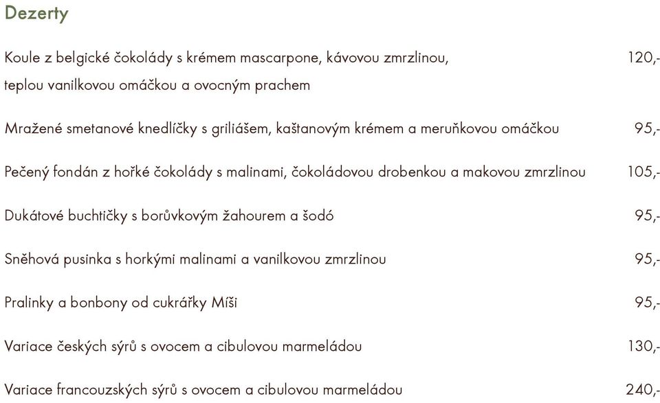 zmrzlinou 105,- Dukátové buchtièky s borùvkovým žahourem a šodó 95,- Snìhová pusinka s horkými malinami a vanilkovou zmrzlinou 95,- Pralinky a