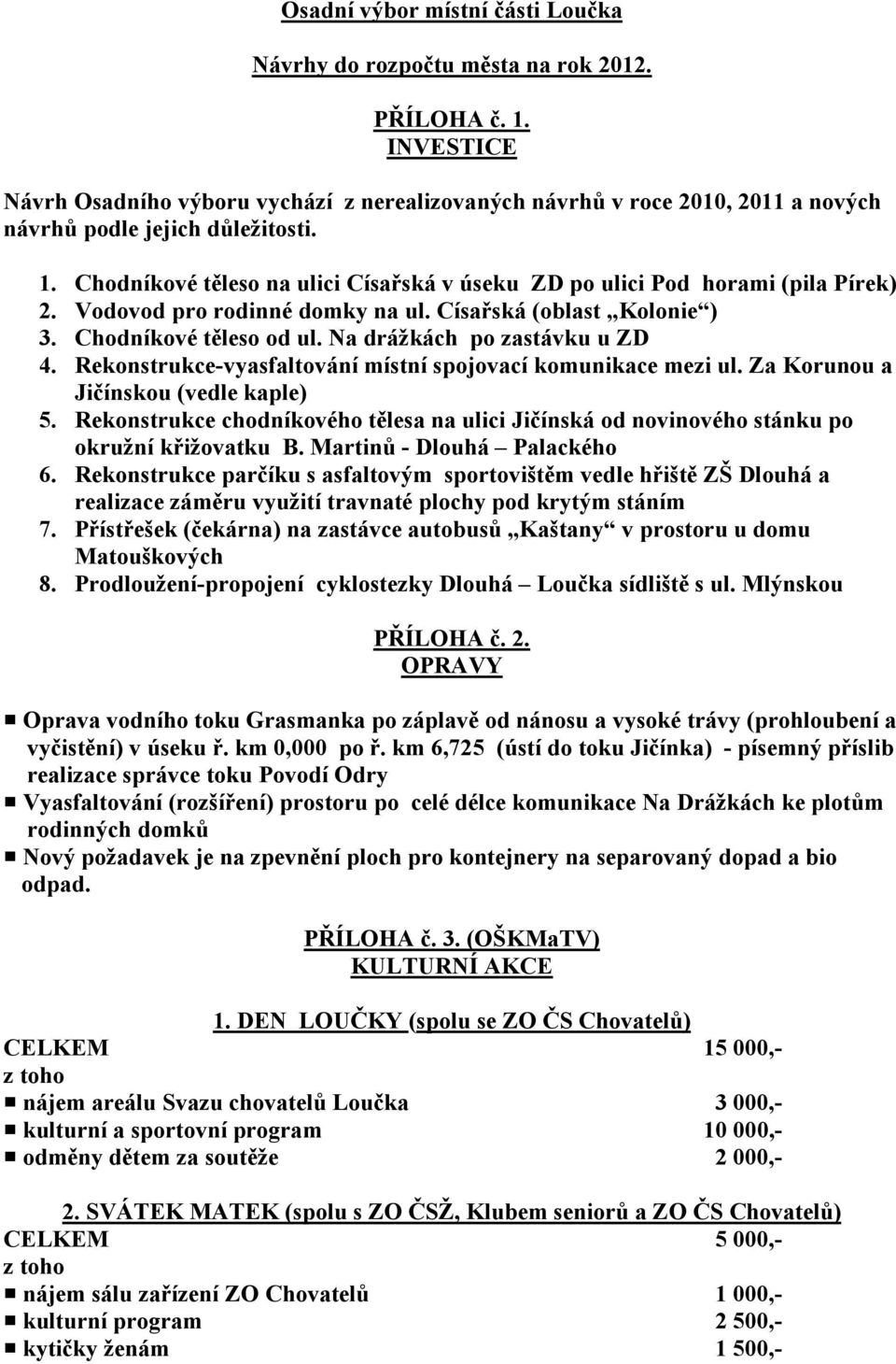 Chodníkové těleso na ulici Císařská v úseku ZD po ulici Pod horami (pila Pírek) 2. Vodovod pro rodinné domky na ul. Císařská (oblast Kolonie ) 3. Chodníkové těleso od ul.