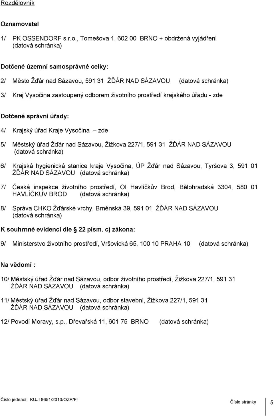 Krajská hygienická stanice kraje Vysočina, ÚP Žďár nad Sázavou, Tyršova 3, 591 01 ŽĎÁR NAD SÁZAVOU 7/ Česká inspekce životního prostředí, OI Havlíčkův Brod, Bělohradská 3304, 580 01 HAVLÍČKUV BROD 8/