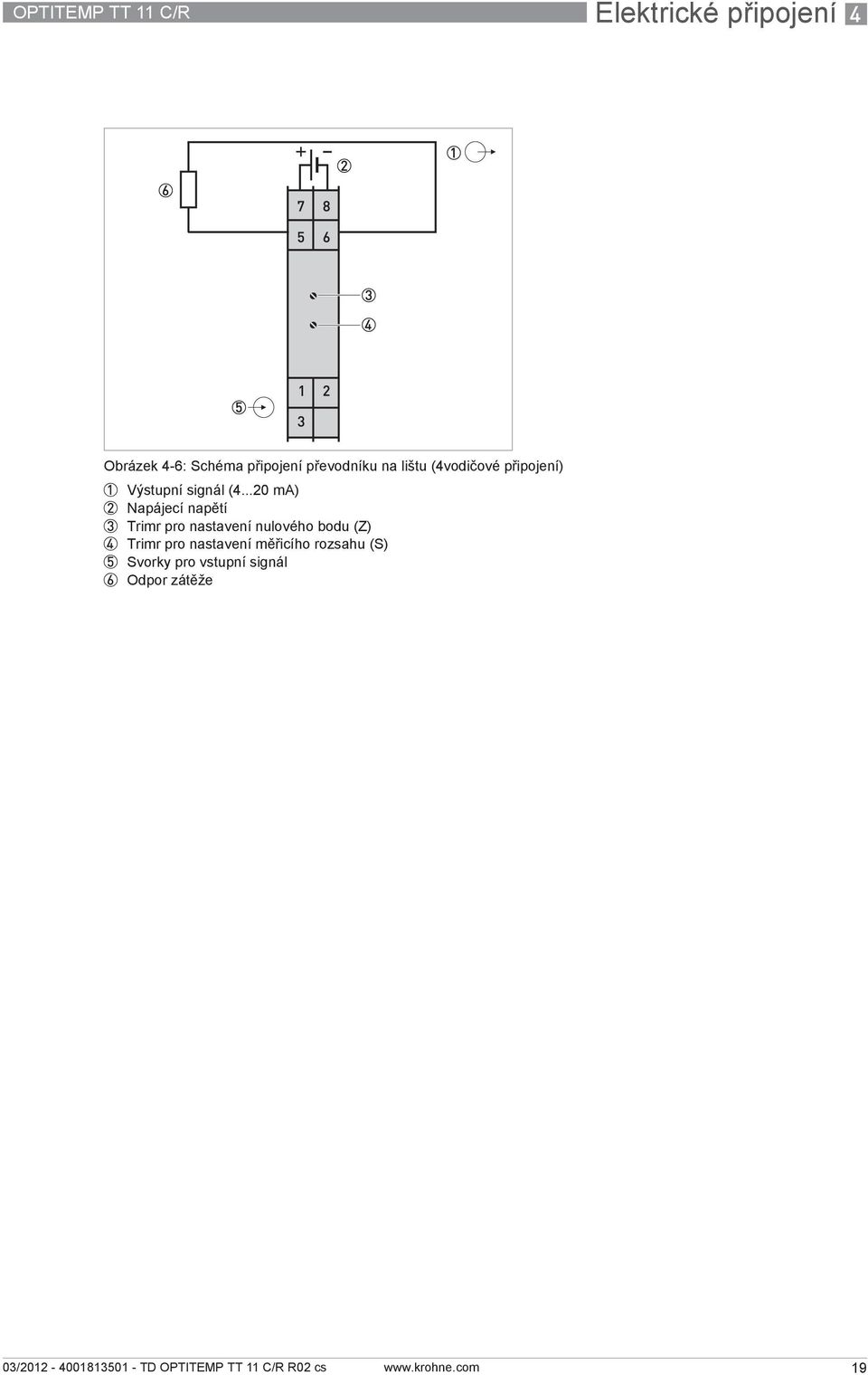 ..20 ma) 2 Napájecí napětí 3 Trimr pro nastavení nulového bodu (Z) 4