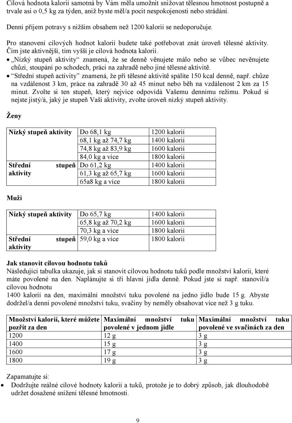Čím jste aktivnější, tím vyšší je cílová hodnota kalorií.