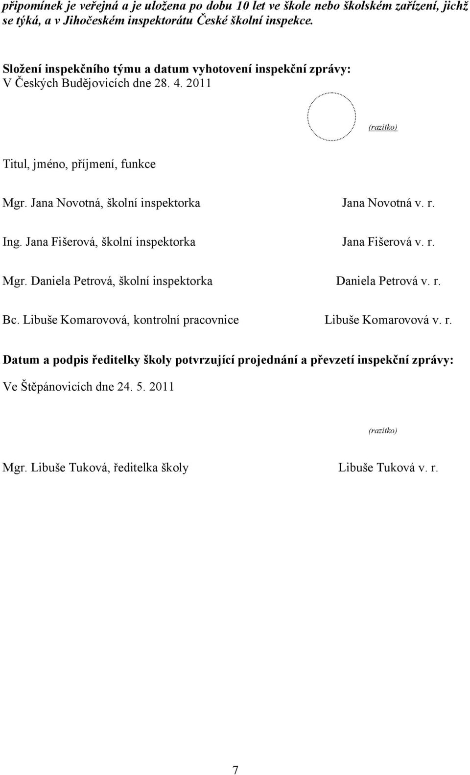 Jana Novotná, školní inspektorka Jana Novotná v. r. Ing. Jana Fišerová, školní inspektorka Jana Fišerová v. r. Mgr. Daniela Petrová, školní inspektorka Daniela Petrová v. r. Bc.