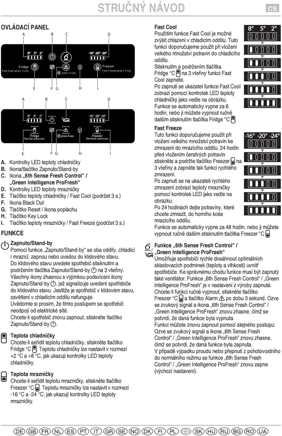 Ikona Black Out G. Tlačítko Reset / ikona poplachu H. Tlačítko Key Lock I. Tlačítko teploty mrazničky / Fast Freeze (podržet 3 s.