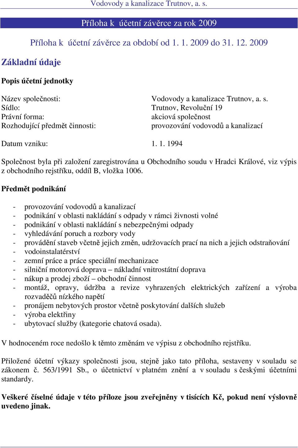 Právní forma: akciová společnost Rozhodující předmět činnosti: provozování vodovodů a kanalizací Datum vzniku: 1.