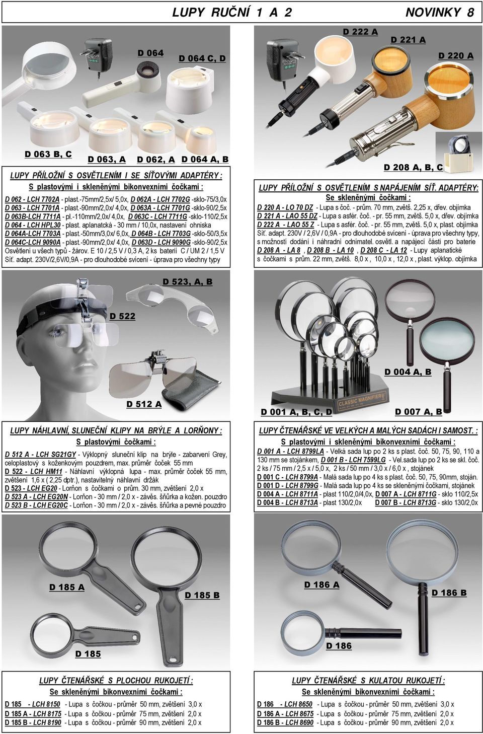 -110mm/2,0x/ 4,0x, D 063C - LCH 7711G -sklo-110/2,5x D 064 - LCH HPL30 - plast. aplanatcká - 30 mm / 10,0x, nastavení ohniska D 064A-LCH 7703A - plast.