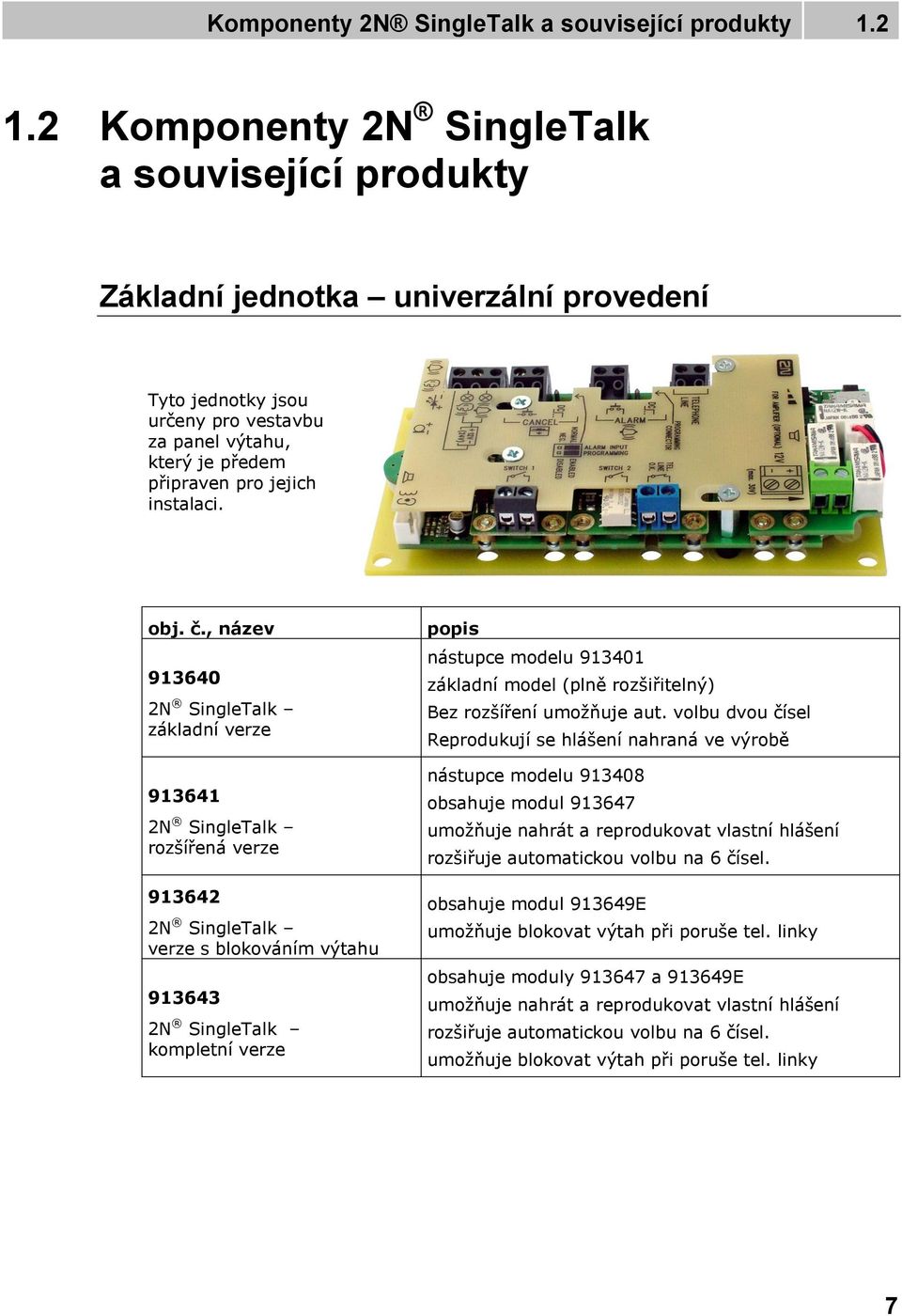 č., název 913640 2N SingleTalk základní verze 913641 2N SingleTalk rozšířená verze 913642 2N SingleTalk verze s blokováním výtahu 913643 2N SingleTalk kompletní verze popis nástupce modelu 913401