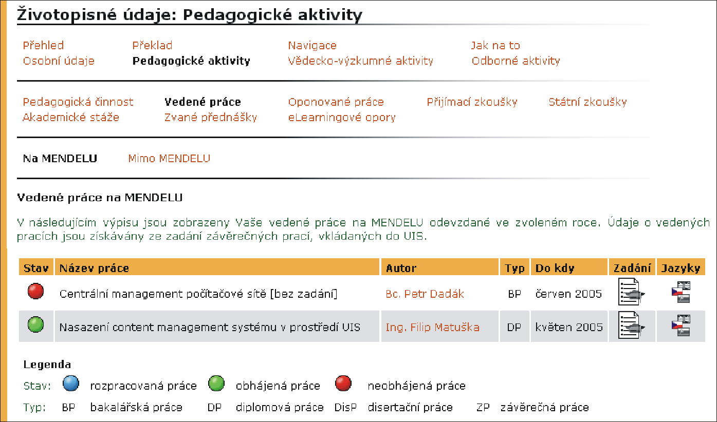 15 ŽIVOTOPISNÉ ÚDAJE Obrázek 91 Práce vedené na univerzitě Na STU do této záložky jsou práce vkládané automaticky z aplikace Závěrečné práce. Jejich seznam (obr.