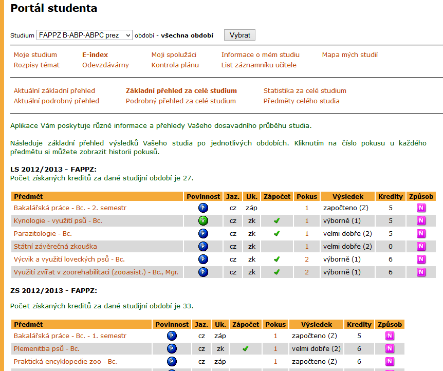 v indexu (pokud je zaveden). Za tento stav jsou zodpovědni sami studenti. Pokud se informace zobrazované v UIS rozcházejí s informacemi uvedenými v indexu, je třeba zjednat v nejbližší době nápravu.