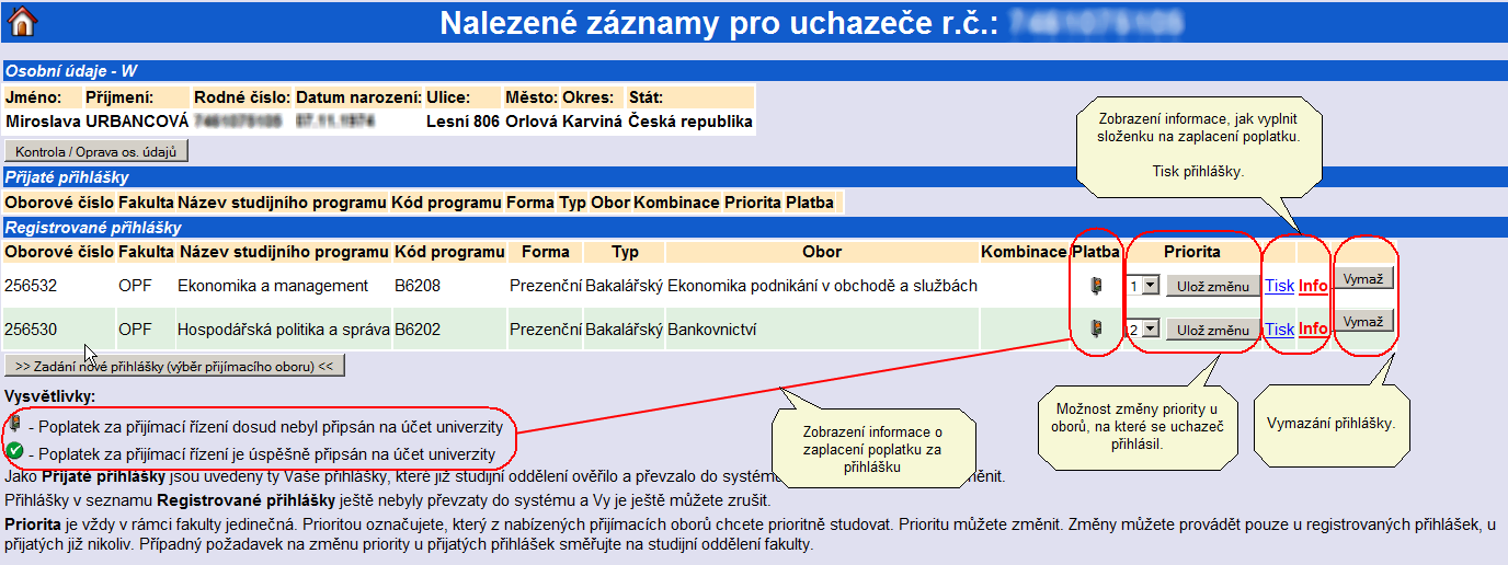 Nyní se nacházíte na základní obrazovce a máte zadánu jednu přihlášku, která se zobrazila v sekci Registrované přihlášky.