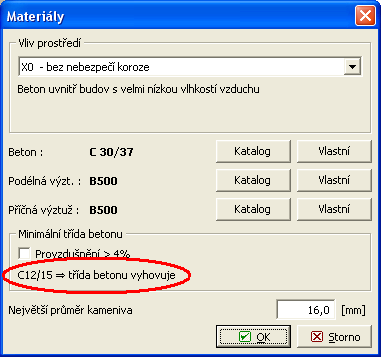 Následuje zadání oceli, jak pro ohybovou tak i pro smykovou výztuž zvolíme ocel "B500" a dialogové okno ukončíme tlačítkem "OK".
