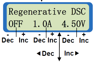 Mezi okny Discharge reduce a LiFe temination je nová volba Regenerative DSC Nastavení regenerativního vybíjení. Ve druhém řádku se nastavuje Zapnutí/Vypnutí, proudový limit a napěťový limit.