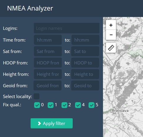 NMEA Analyzer Slúži na dohľadanie informácií o jednotlivých meraniach využívajúcich SKPOS Umožňuje NMEA správu otvoriť, filtrovať, zobraziť merania do mapy a exportovať filtrované dáta do