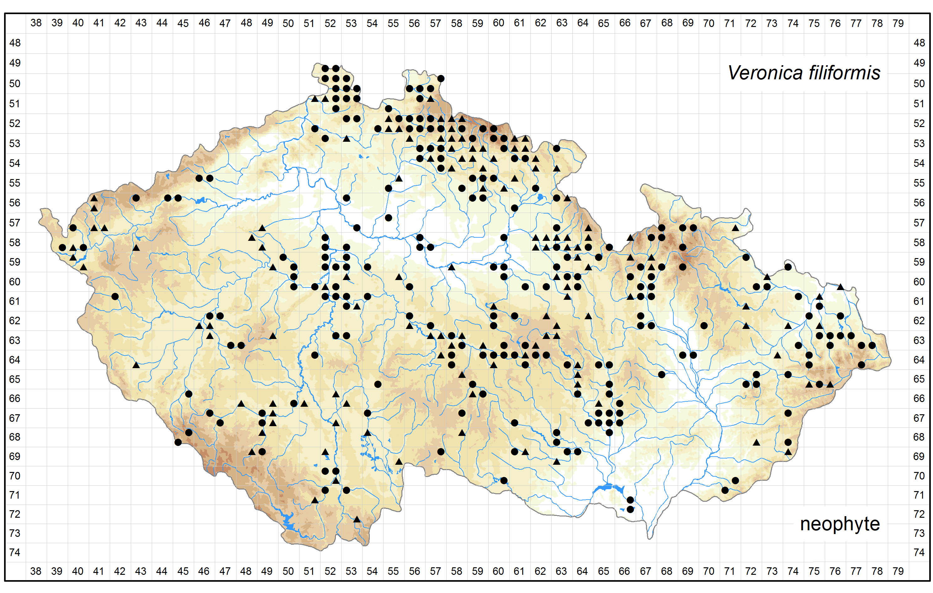 Distribution of Veronica filiformis in the Czech Republic Author of the map: Jiří Danihelka Map produced on: 12-05-2016 Database records used for producing the distribution map of Veronica filiformis