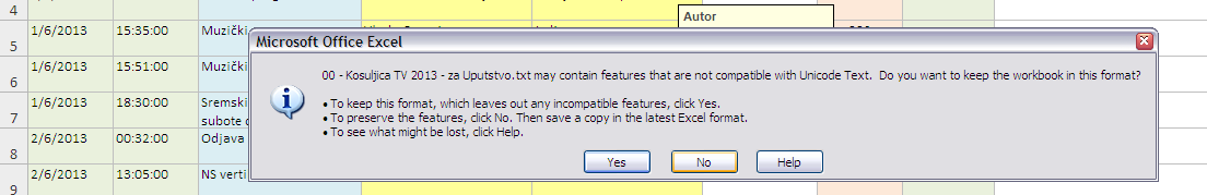 Ако добијемо поруку да одабрани тип фајла не подржава извоз из фајлова који се састоје из неколико страна (Sheet) треба да на њу одговоримо са
