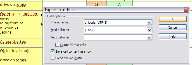 Пре самог памћења фајла у CSV формату треба још да одаберете параметре за формирање фајла.