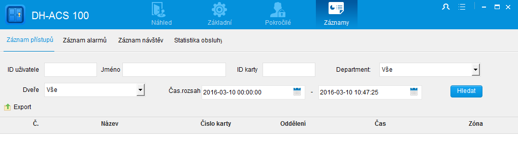 Stav 1. Vstupu Zóna 1. Vstup Alarm Stav dveří po odemknutí první kartou, zahrnuje přednastavený, normální a otevřený stav. Poznámka: Čas odemykání první kartou.