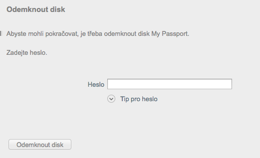 Uzamknutí a odemknutí disku Stane se to: automaticky, pokud je k počítači připojen pouze jeden uzamčený disk My Passport for Mac, pokud vyberete uzamčený disk na obrazovce WD Security nebo WD Drive
