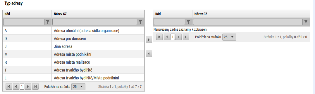 Ve spodní části příjemce uvádí, o jaký typ adresy se jedná volbou záznamu z levé části a přesunutím pomocí šipky