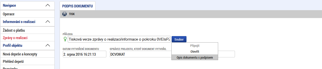 Nyní může provést uživatel s rolí Signatář podpis ZoR přes záložku Podpis dokumentu přes ikonu pečetě. Pokud je zpráva nepodepsaná, pečeť je černá. Po podpisu je pečeť zelená.