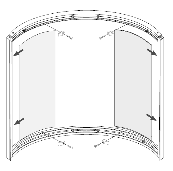 Montáž předních pevných skel - na smontované hliníkovém rámu postavte stálou skleněnou boční stěnu, skleněná stěna se musí opírat o hliníkové okraje vodící lišty a zapadat do vyhloubení bočního