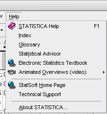 Menu Window a Help Uzavření všech oken Uspořádání oken Nápověda Statistica, seznam položek nápovědy, vysvětlivky, statistický poradce