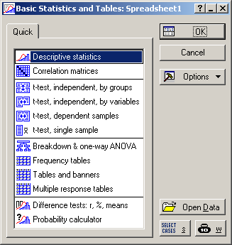 Spouštění analýz a tvorby grafů Veškeré analýzy jsou dostupné v menu Analysis a Graphs. Po výběru analýzy/grafu následuje specifikace jeho nastavení a dat.