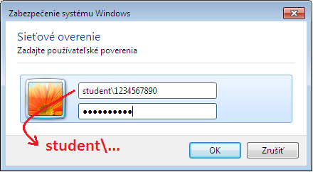 to student\prihlasovacie priezvisko a heslo osobné číslo. Na Windows XP sa názov domény (student) zadáva do samostatného textového poľa.