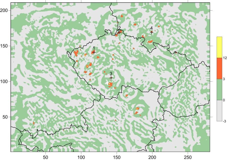 3. Vypočtené maximální rychlosti v bodě 2 se seřadily podle velikosti. Pokud všechny byly menší než 3 m/s nebyla data pro danou předpověď vybrána a pokračovalo se další předpovědí. 4.