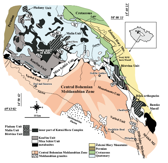 2. Geografické a geologické vymezení studované oblasti Studované území se nachází na hranici moldanubika a kutnohorského krystalinika (obr.2), 60 km JV směrem od Prahy.