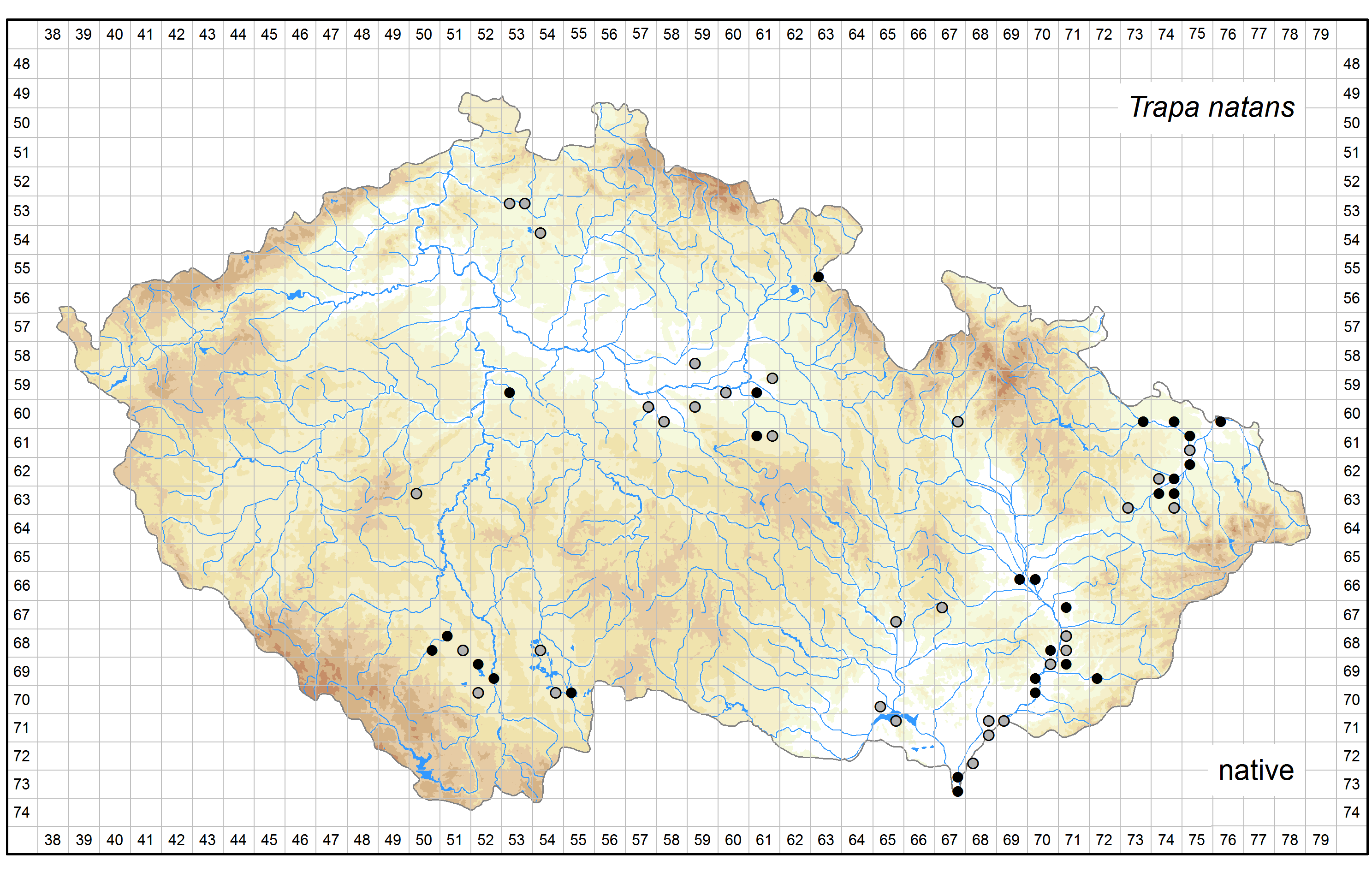 Distribution of Trapa natans in the Czech Republic Author of the map: Zdeněk Kaplan Map produced on: 07-11-2016 Database records used for producing the distribution map of Trapa natans published in