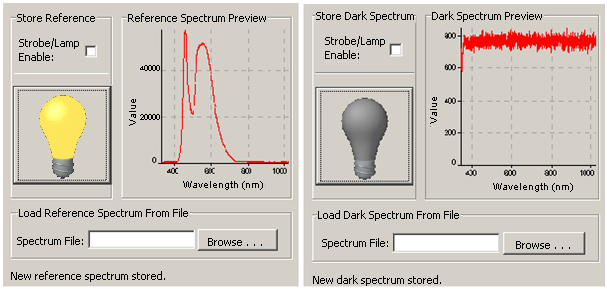 Obr. 7.2 Nastavení spektra: vlevo referenční spektrum, vpravo tmavé spektrum bílého světla. Tab. 7.1 Absorbance roztoků KMnO 4. Roztok č.(i) c [mol/l] A λ = 555 nm 1. 0,00743 3,042 2. 0,00371 1,632 3.